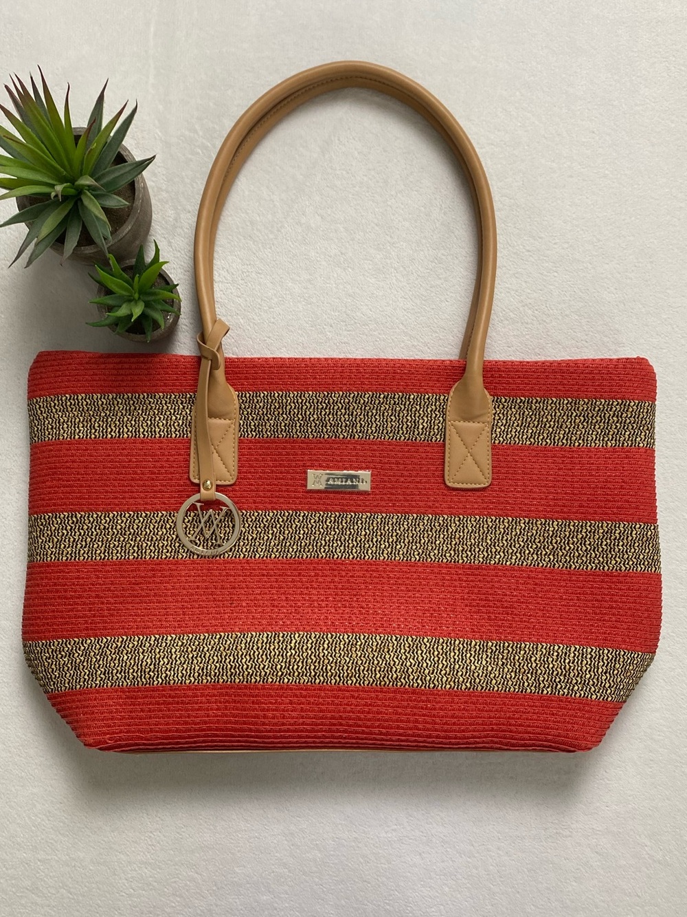 Amiani Resort Fashion Straw Woven Striped Shoulder Tote Bag | Light Brown/Red